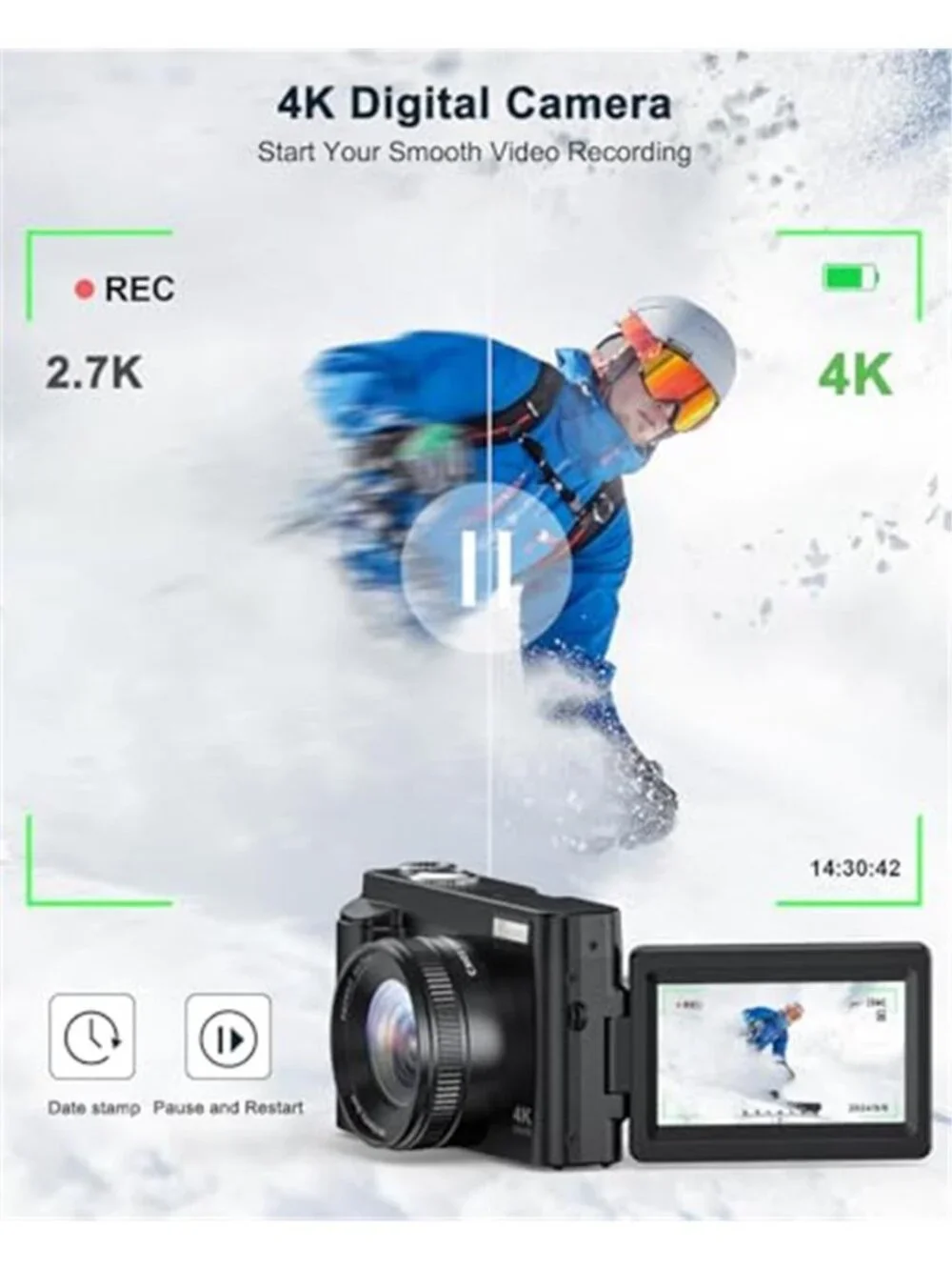4K Digital Camera for Beginners & Teens, with Flip Screen, 32G Card